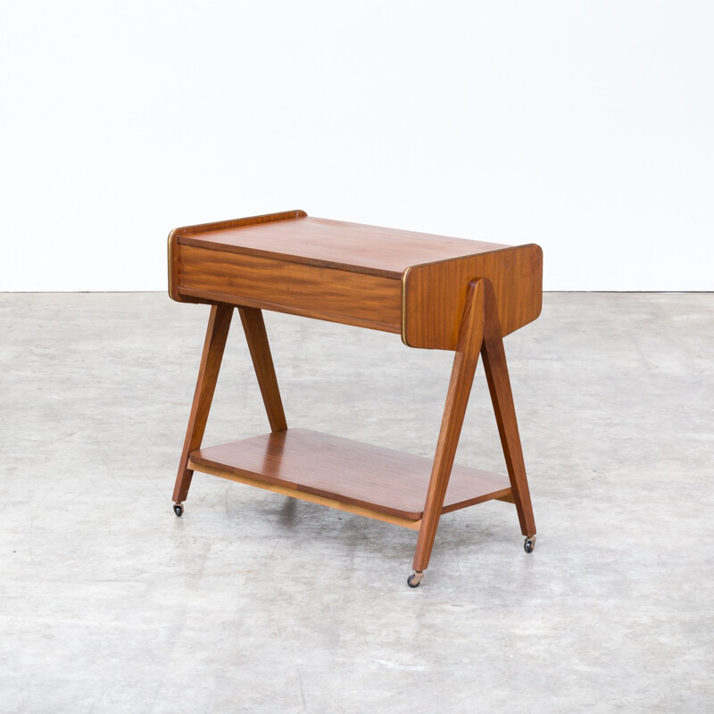 Teak serving trolley cabinet with brass elements - 1960s