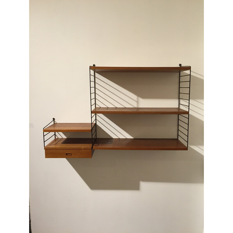 Wall bookcase with drawer in teak and metal, Nisse STRINNING - 1960s