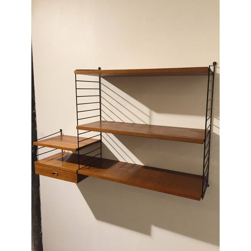 Wall bookcase with drawer in teak and metal, Nisse STRINNING - 1960s