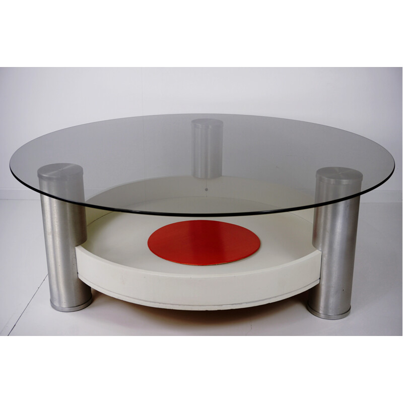 Round coffee table in wood and glass - 1970s