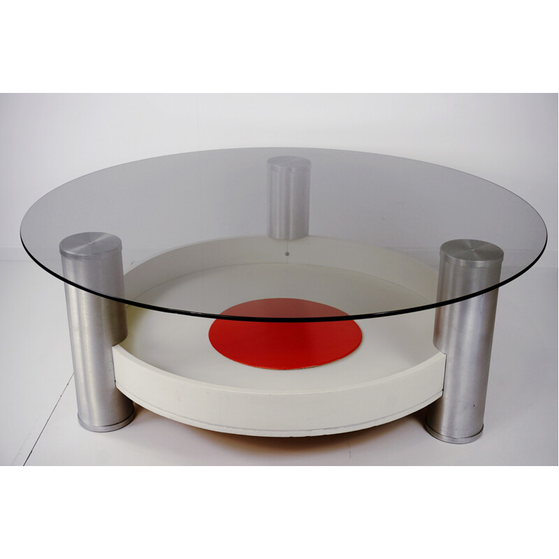 Round coffee table in wood and glass - 1970s