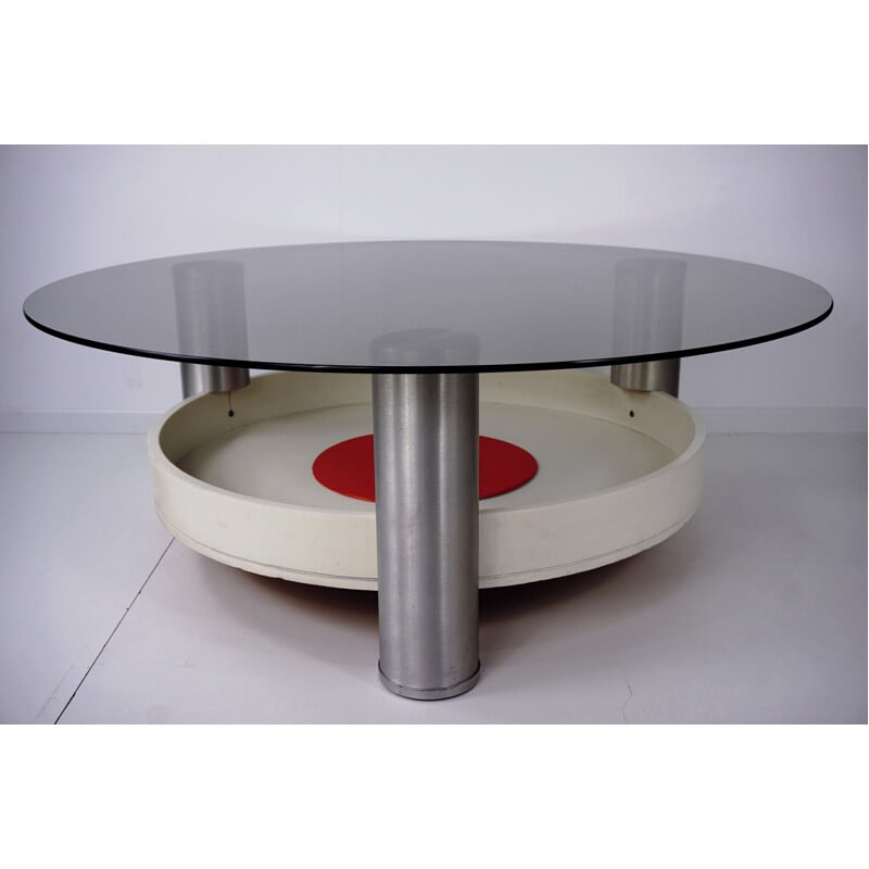 Table basse ronde vintage en bois et verre - 1970