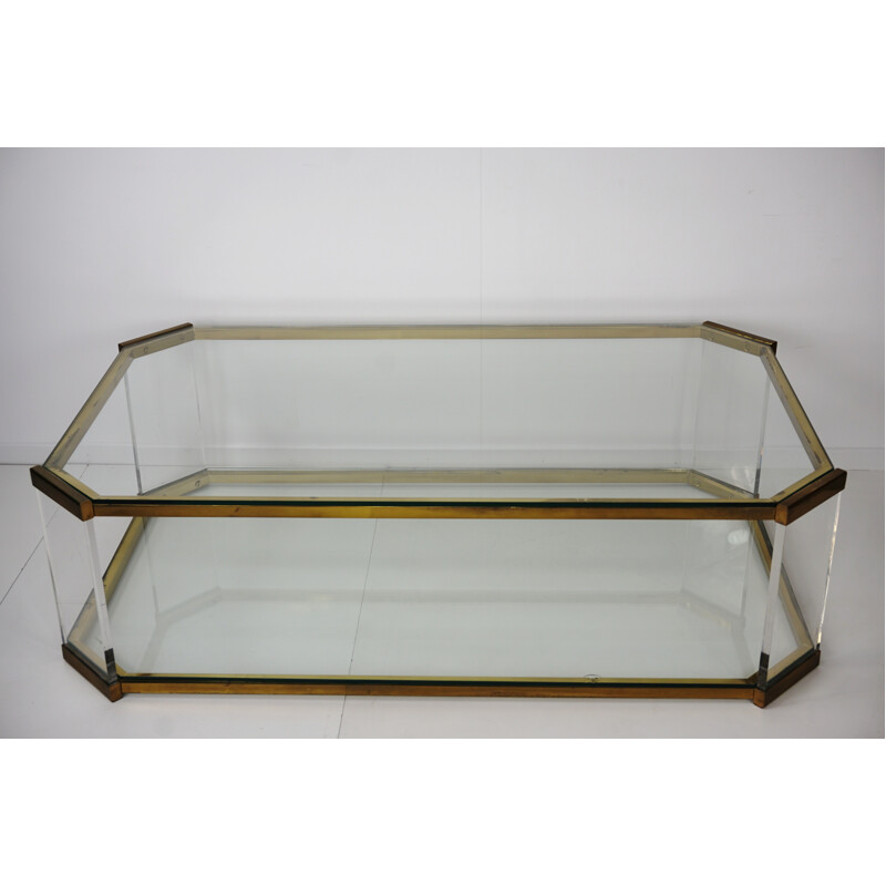 Vintage coffee table in brass, plexiglass and glass - 1970s