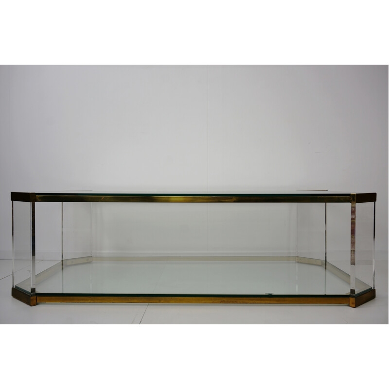 Vintage coffee table in brass, plexiglass and glass - 1970s