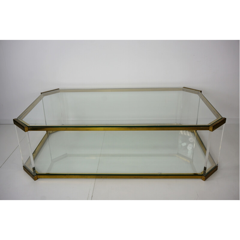 Table basse vintage en laiton, plexiglass et verre - 1970