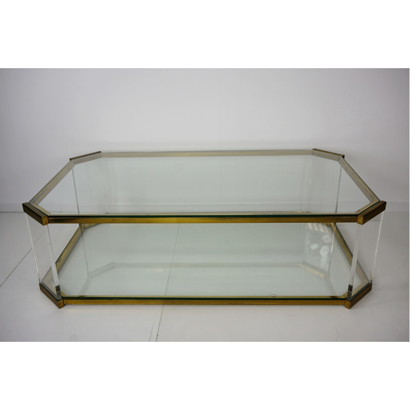 Vintage coffee table in brass, plexiglass and glass - 1970s