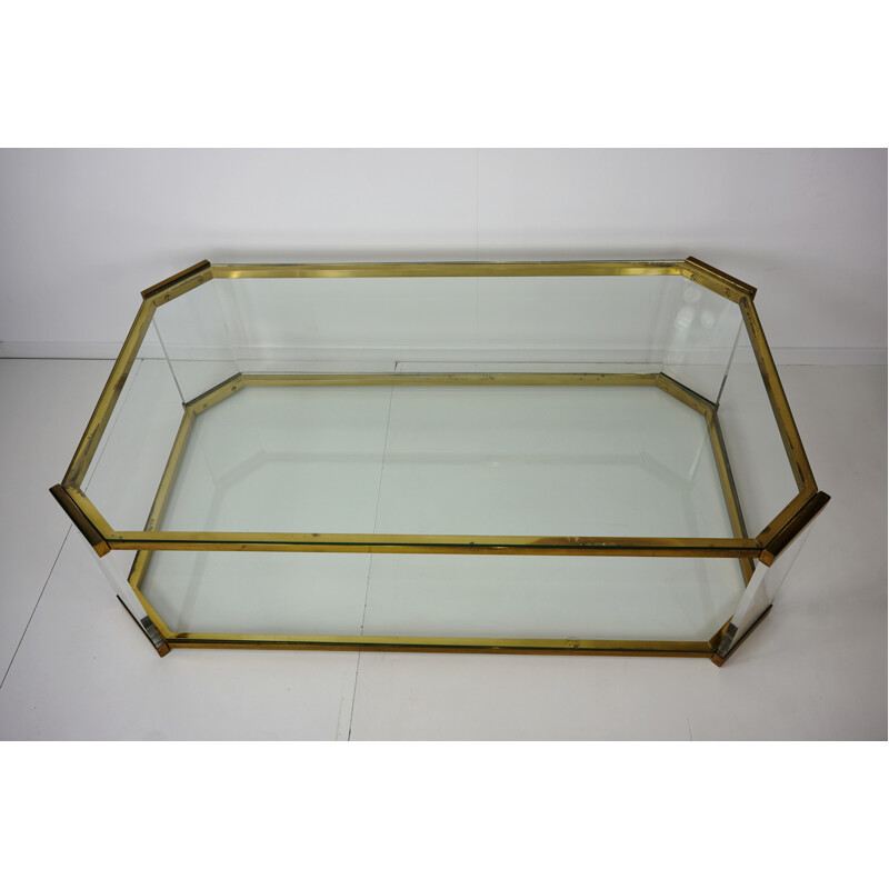 Vintage coffee table in brass, plexiglass and glass - 1970s