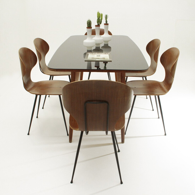 Italian vintage wood Dining Table with black glass top - 1950s