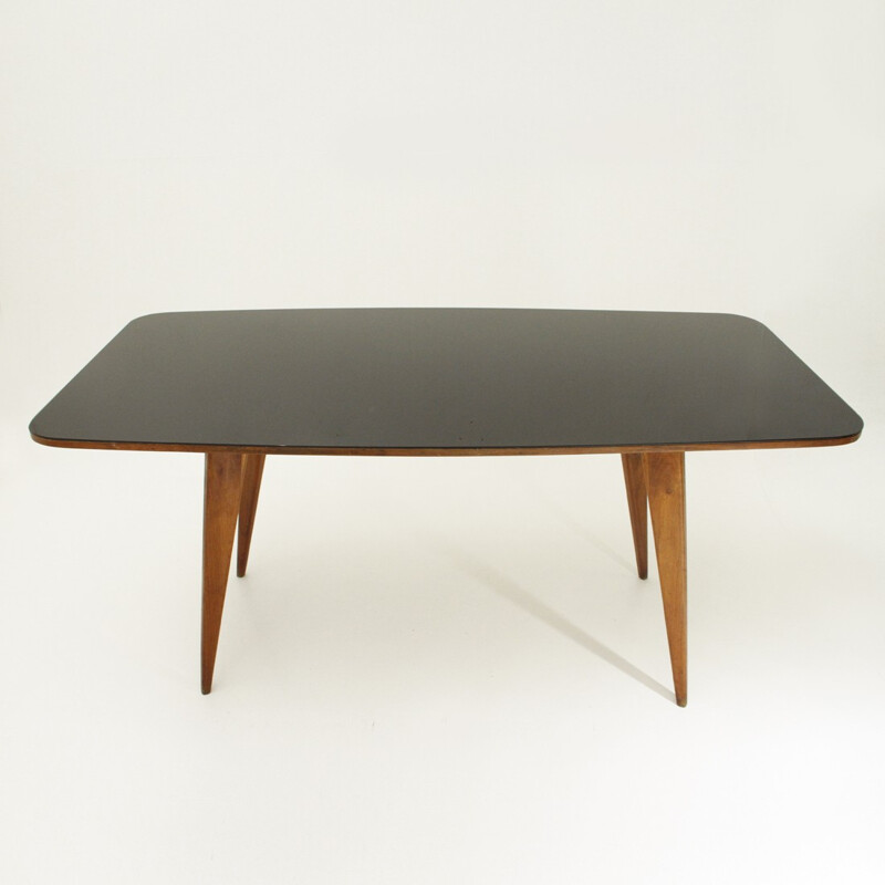 Italian vintage wood Dining Table with black glass top - 1950s