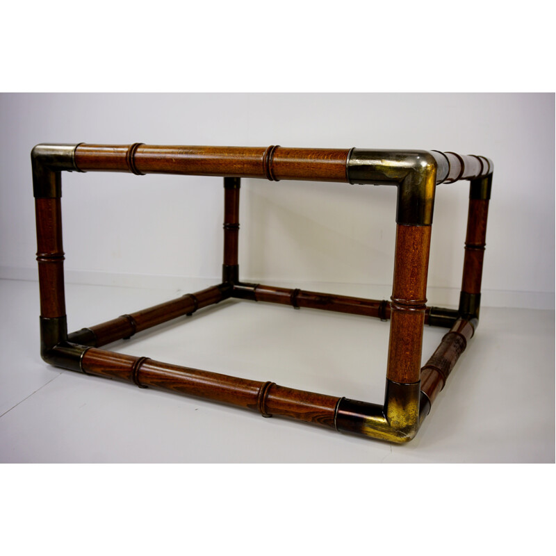 Table basse vintage carrée en bois, métal et verre - 1970