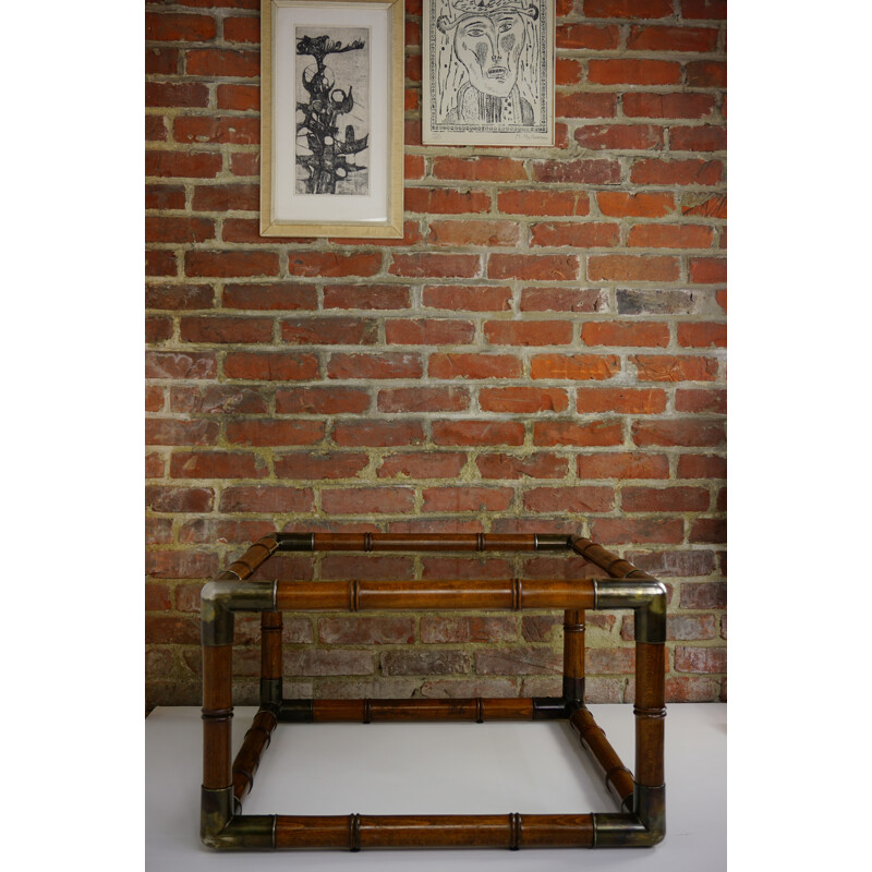 Vintage square Coffee table in wood, metal and glass - 1970s