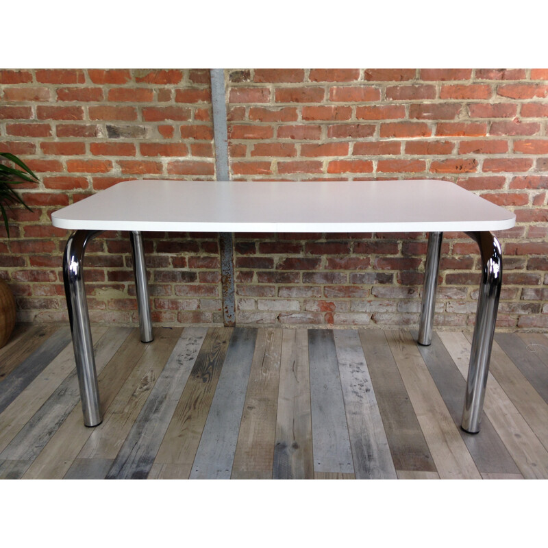 Table rectangulaire vintage blanche en bois et chrome - 1960