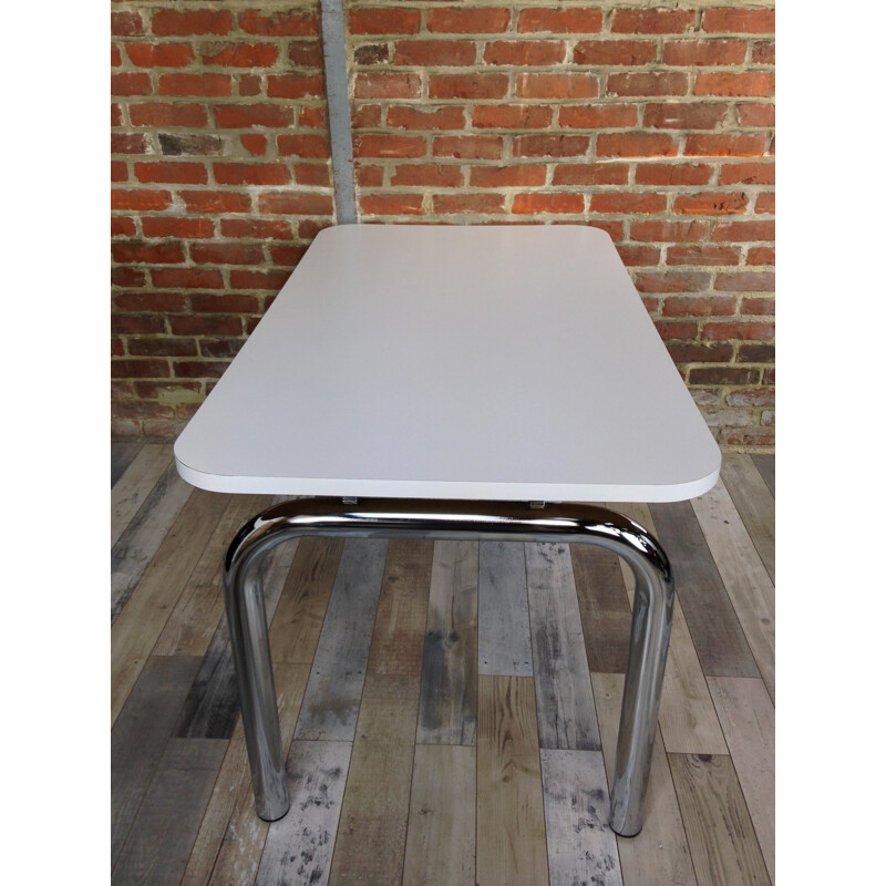 Vintage white rectangular table in chrome and wood - 1960s