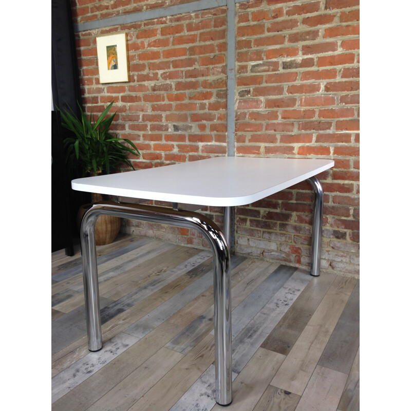 Vintage white rectangular table in chrome and wood - 1960s