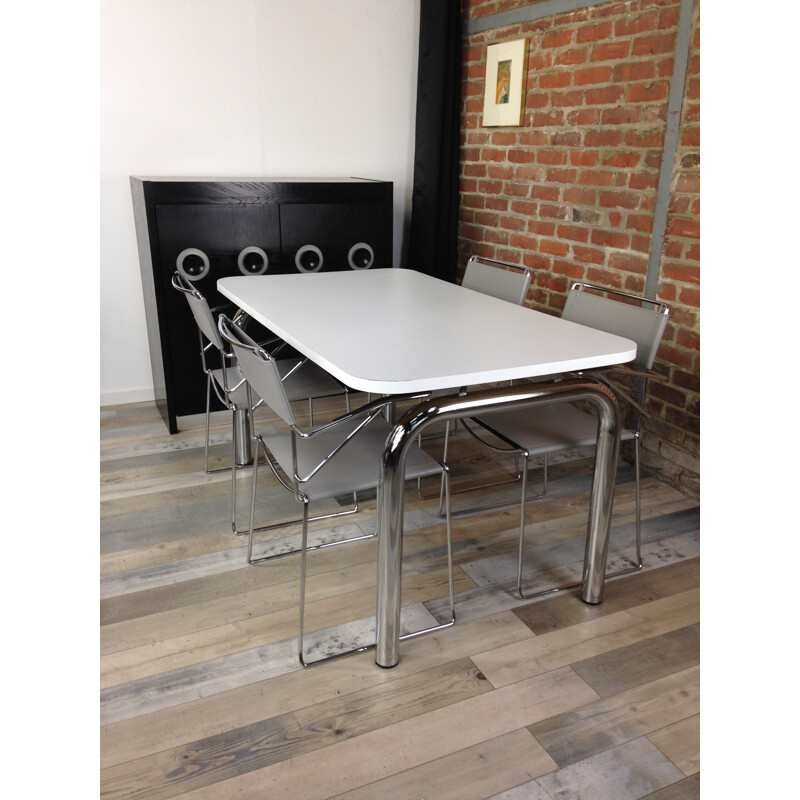 Vintage white rectangular table in chrome and wood - 1960s