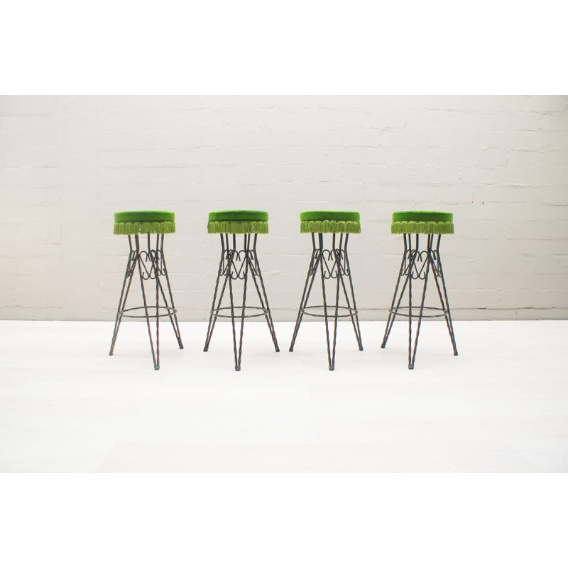 Set of 4 vintage green bar Stools - 1950s