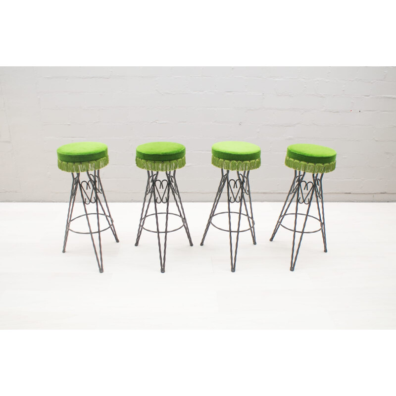 Set of 4 vintage green bar Stools - 1950s