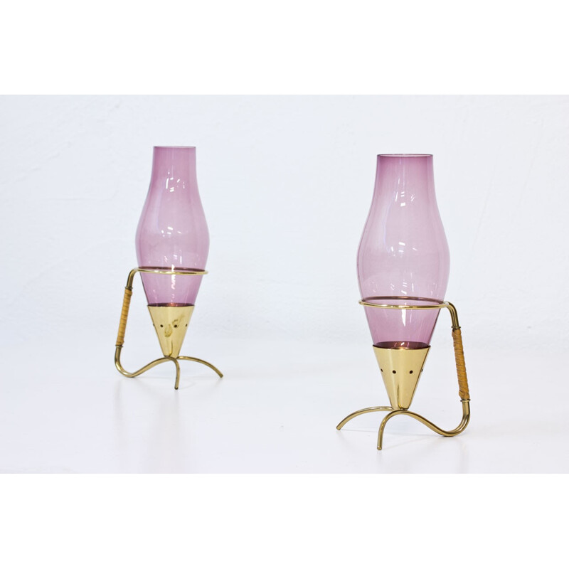 Suite de 2 chandeliers en verre et en laiton par Gunnar Ander pour Ystad Metall - 1950