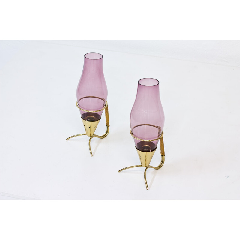 Set of 2 candlesticks in Glass & Brass by Gunnar Ander for Ystad Metall - 1950s