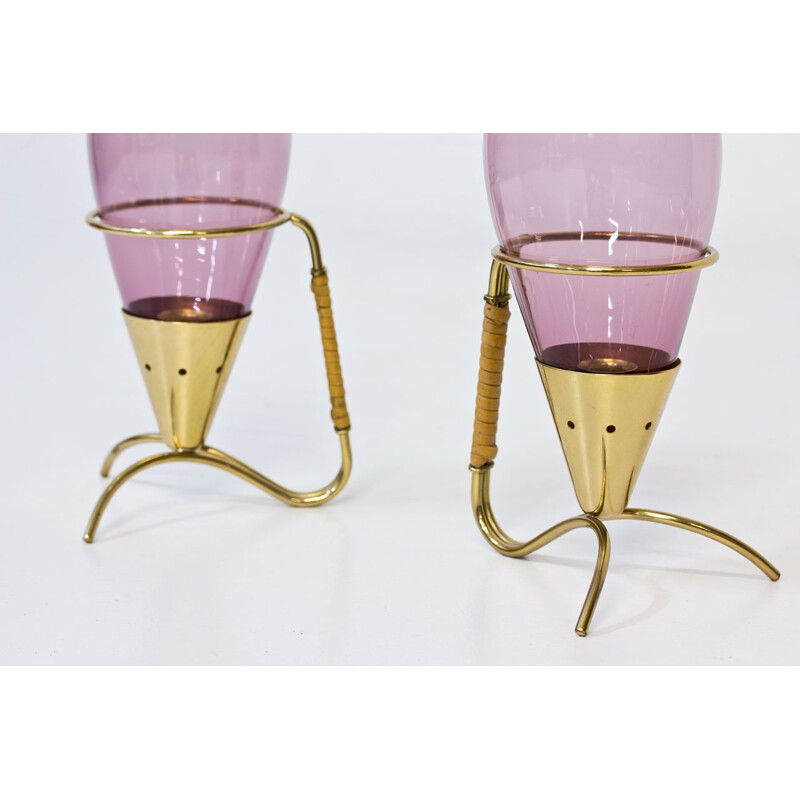 Set of 2 candlesticks in Glass & Brass by Gunnar Ander for Ystad Metall - 1950s