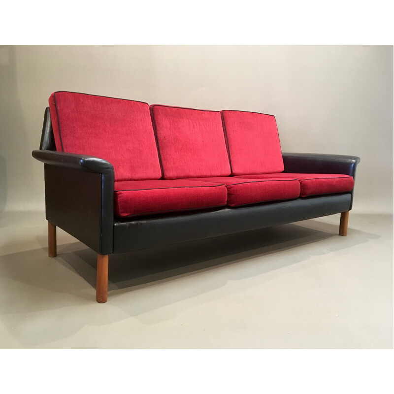 Scandinavian 3-seater sofa in leather and velvet - 1950s