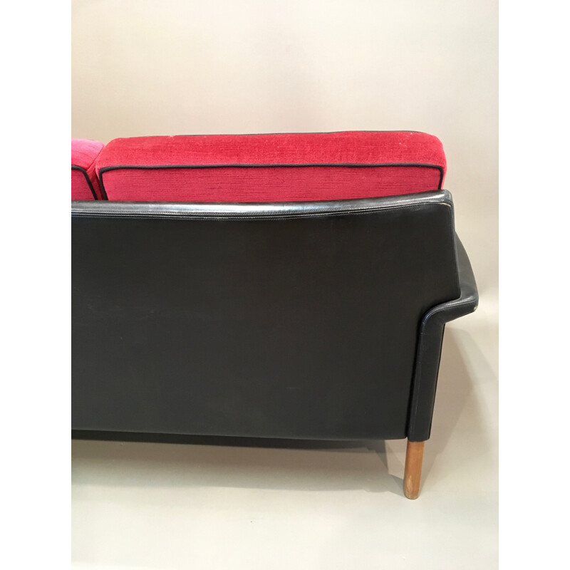 Scandinavian 3-seater sofa in leather and velvet - 1950s
