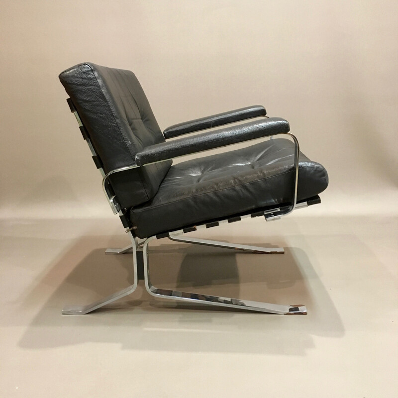 Fauteuil noir en cuir et chrome - 1960