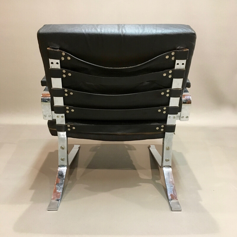 Black armchair in leather and chrome - 1960s