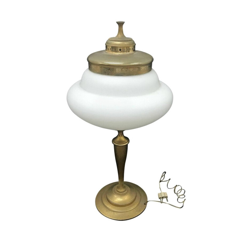 Vintage table lamp in gilded metal and milk glass by Guglielmo Ulrich, Italy 1950