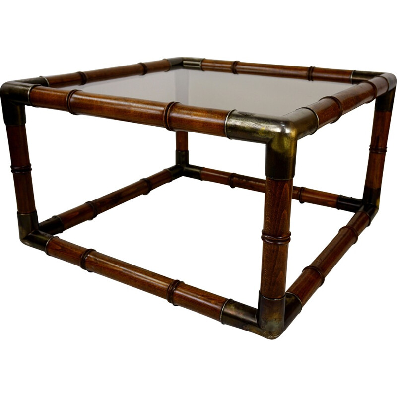 Table basse vintage carrée en bois, métal et verre - 1970