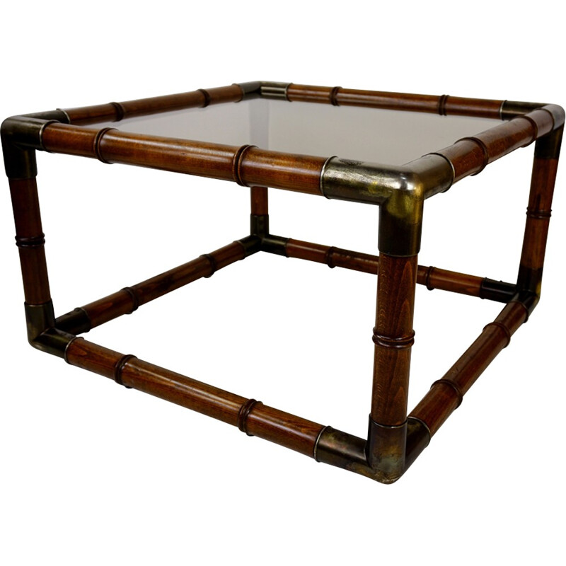 Vintage square Coffee table in wood, metal and glass - 1970s