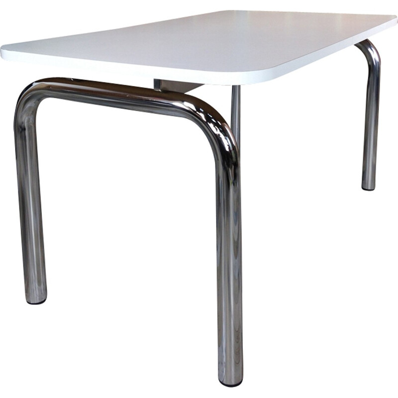 Table rectangulaire vintage blanche en bois et chrome - 1960