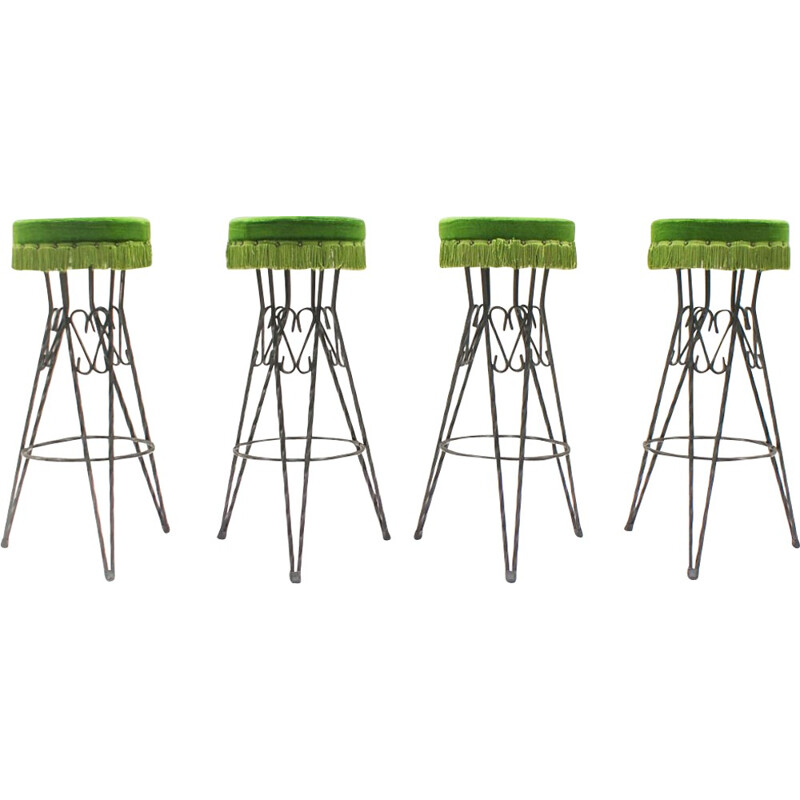 Set of 4 vintage green bar Stools - 1950s