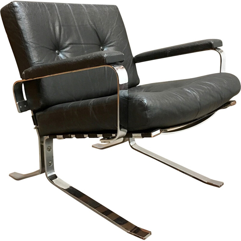 Black armchair in leather and chrome - 1960s