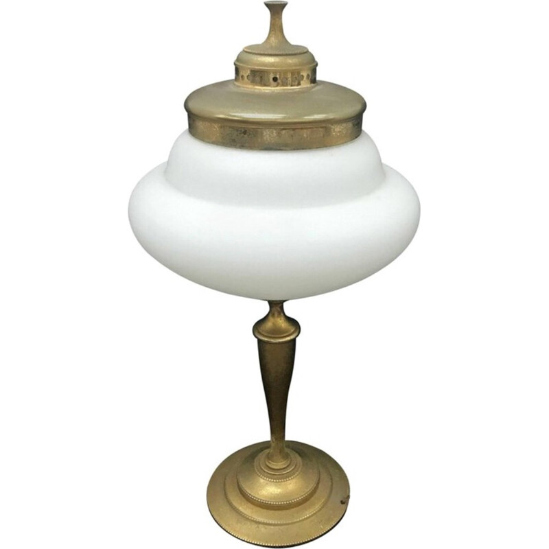 Vintage tafellamp in verguld metaal en melkglas van Guglielmo Ulrich, Italië 1950