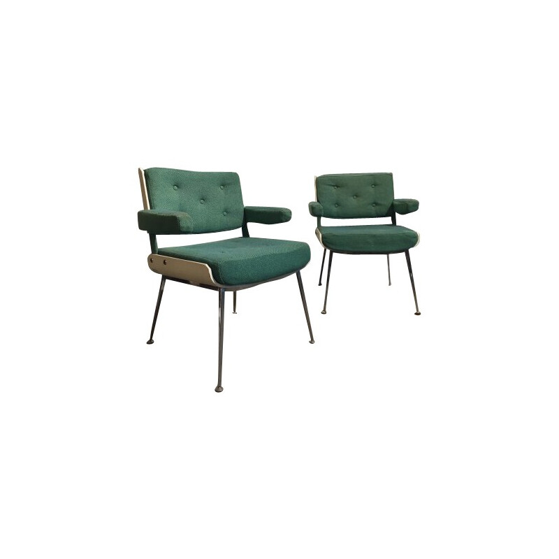 Pair of armchairs in green fabric and metal, Alain RICHARD - années 1960s