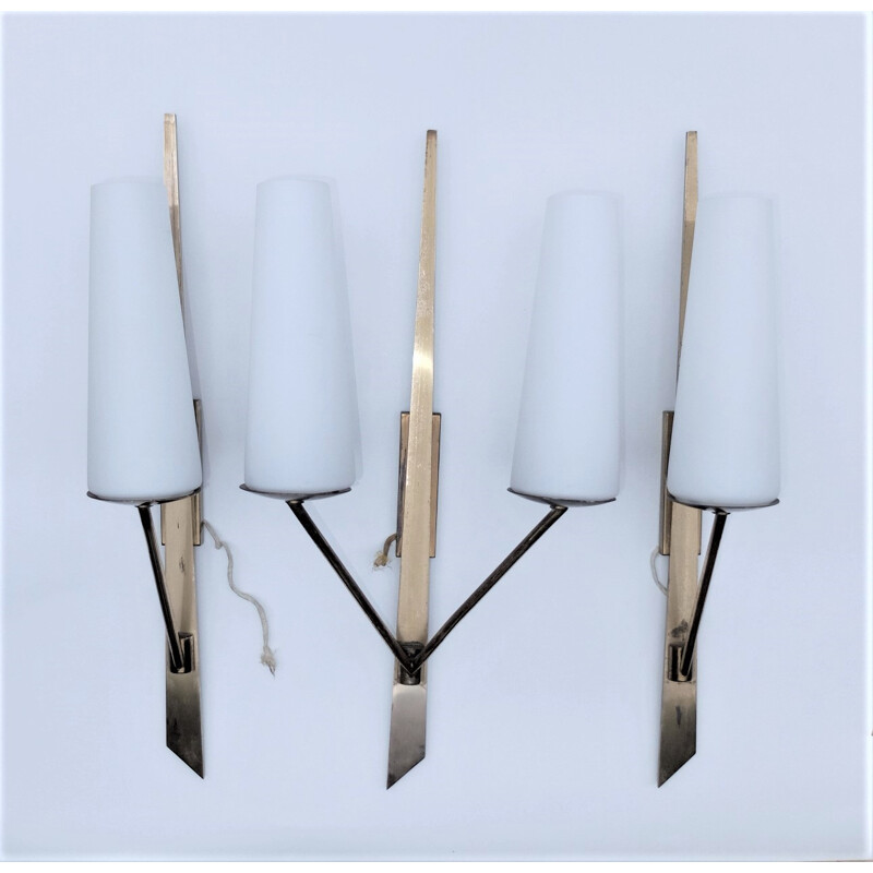 Vintage wall lamps in glass and brass by Arlus - 1950s 