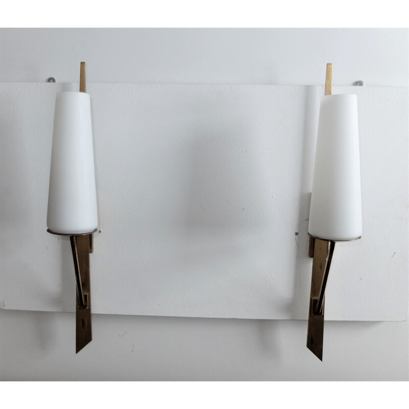 Vintage wall lamps in glass and brass by Arlus - 1950s 