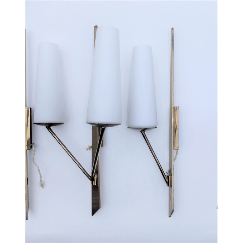 Vintage wall lamps in glass and brass by Arlus - 1950s 