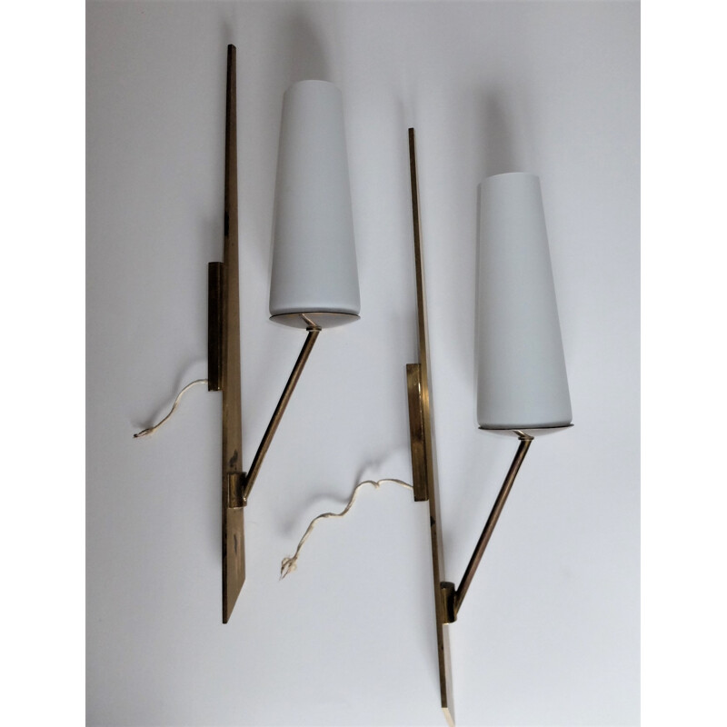 Vintage wall lamps in glass and brass by Arlus - 1950s 