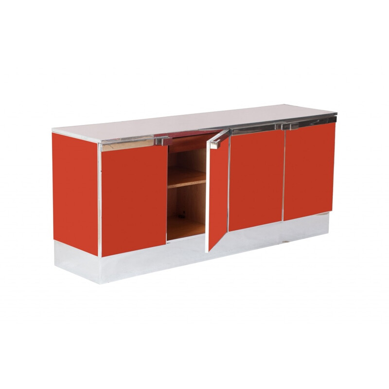 Vintage red lacquered and chromed credenza - 1960s