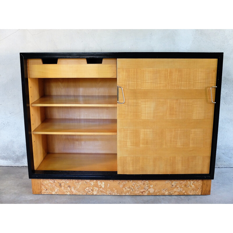 Low sideboard in black lacquered wood and sycamore - 1950s