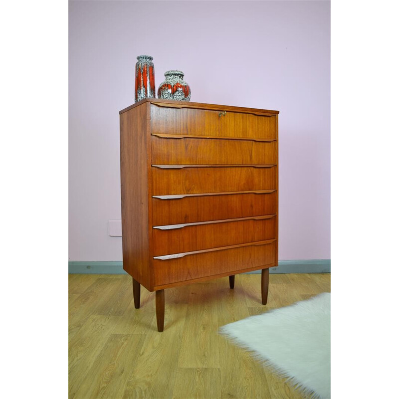 Vintage Danish Teak Chest of 6 Drawers Tall Boy Dresser - 1960s