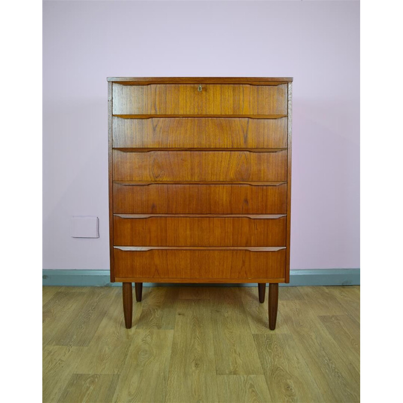Vintage Danish Teak Chest of 6 Drawers Tall Boy Dresser - 1960s