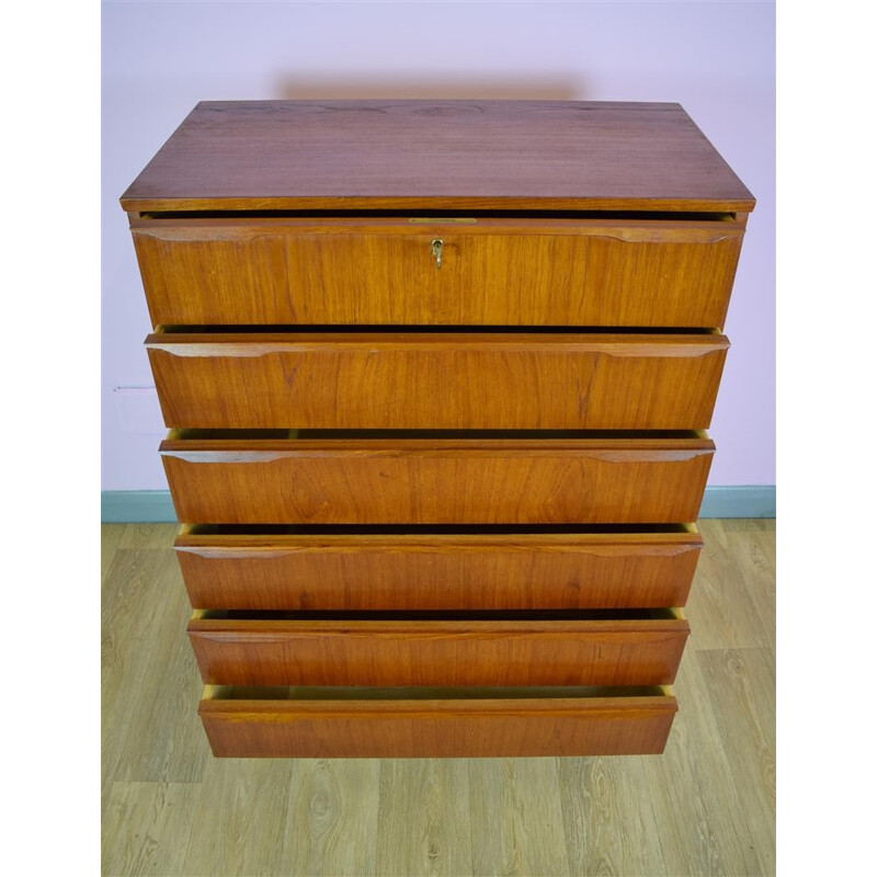 Vintage Danish Teak Chest of 6 Drawers Tall Boy Dresser - 1960s