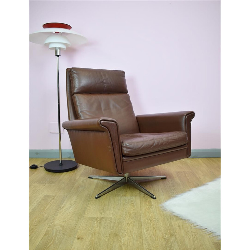 Vintage Danish Brown Leather Swivel Lounge Arm Chair - 1960s