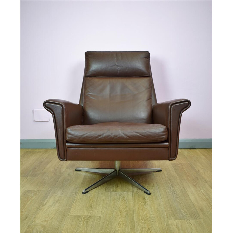 Vintage Danish Brown Leather Swivel Lounge Arm Chair - 1960s