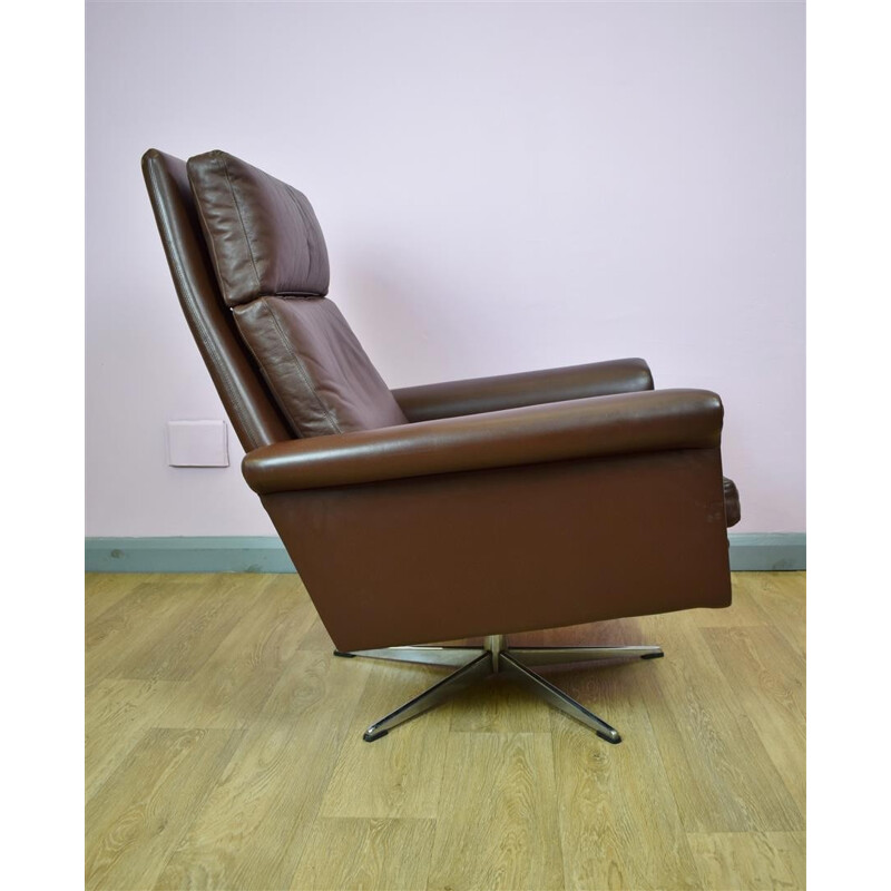 Vintage Danish Brown Leather Swivel Lounge Arm Chair - 1960s