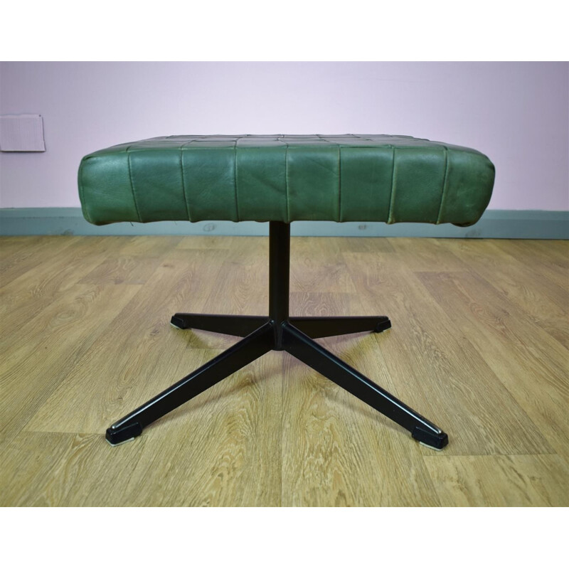 Vintage Danish Green Leather Foot Stool Ottoman - 1970s