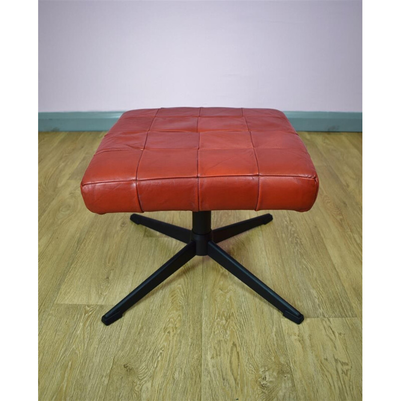 Vintage Danish Red Leather Foot Stool Ottoman - 1970s